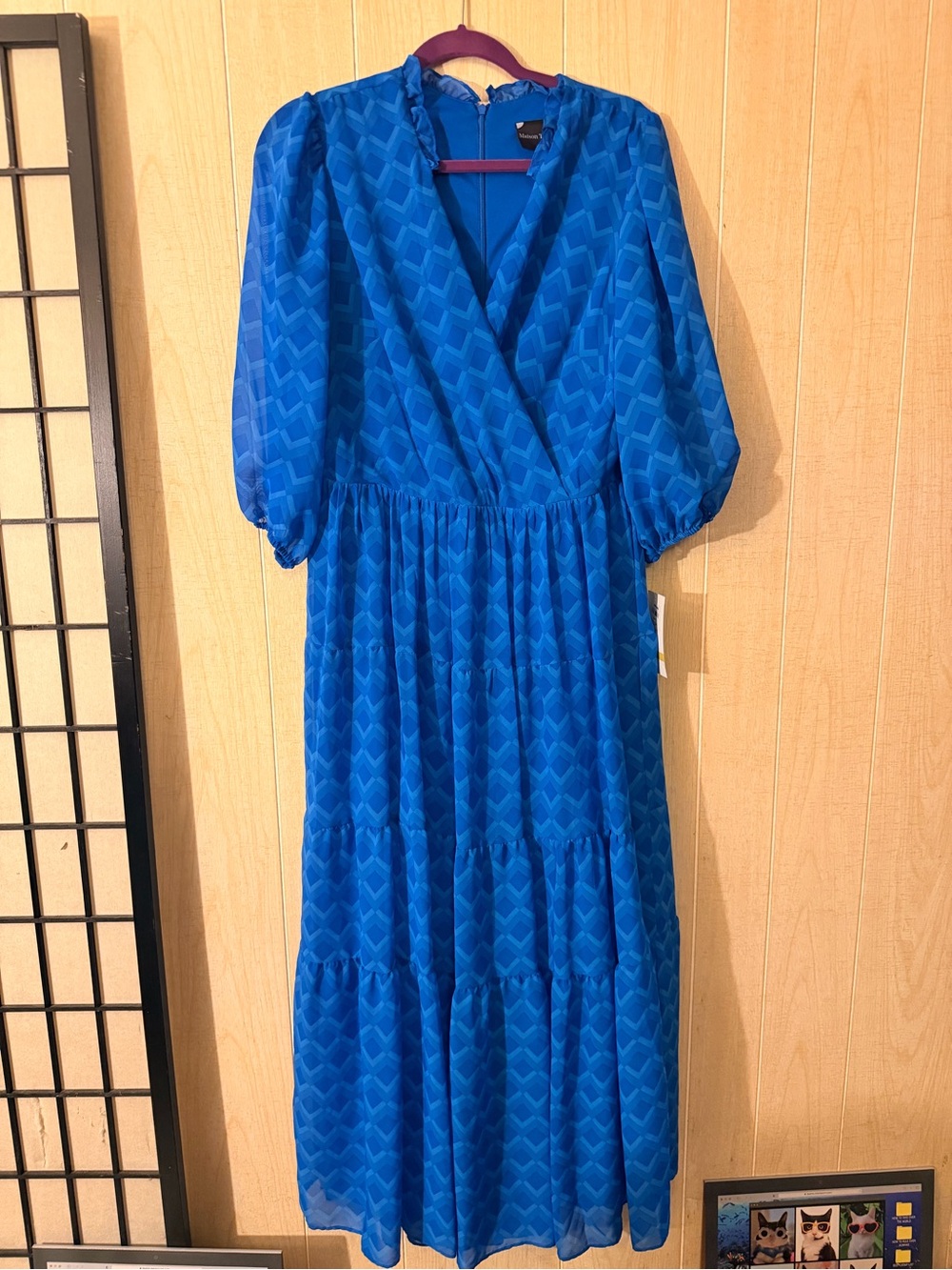 Maison Tara Electric Blue Long Sleeve V-Neck Tiered Midi Dress